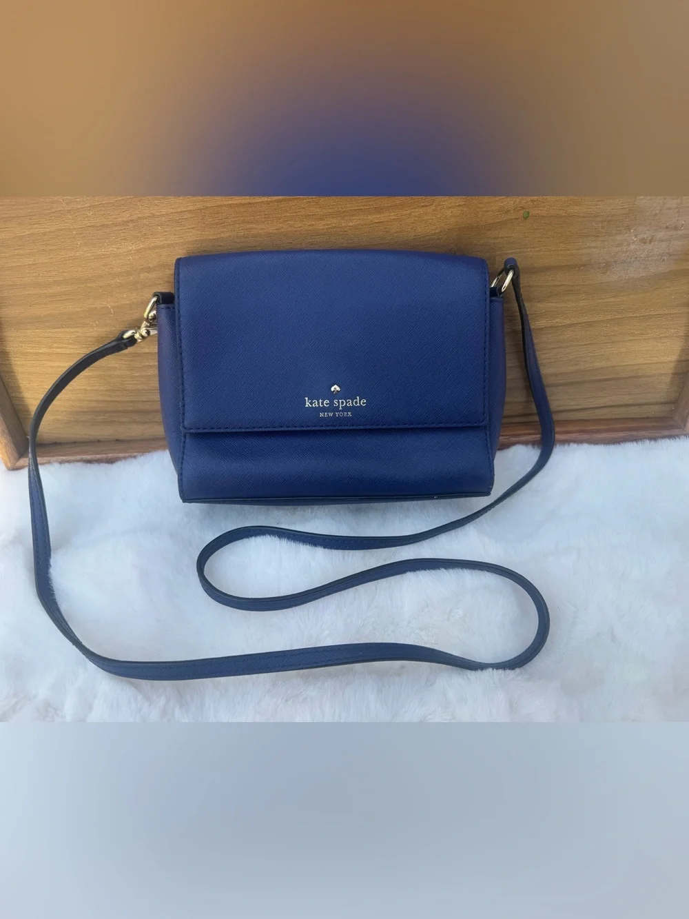 Kate Spade Navy Blue Saffiano Leather Crossbody Purse Bag Flap